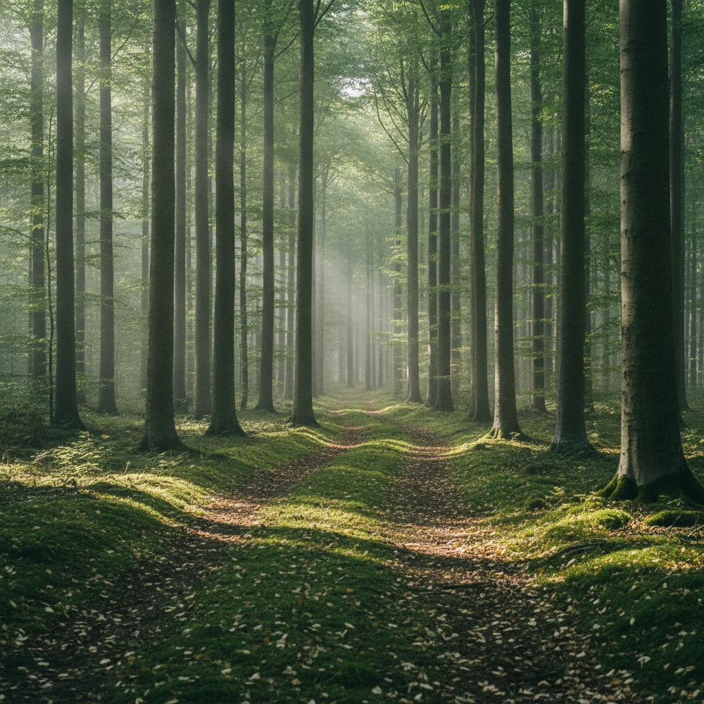Bospad door een weelderig groen Nederlands bos in de vroege ochtend