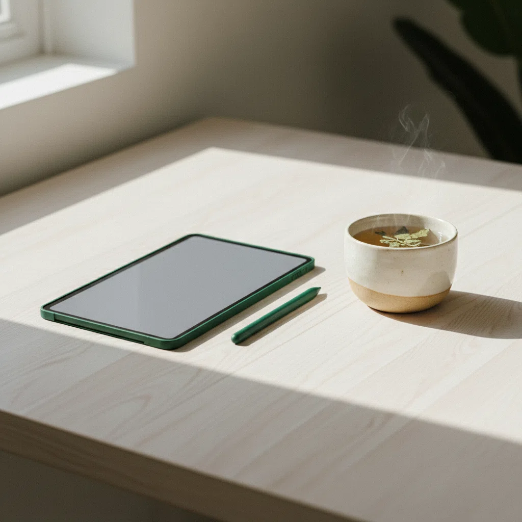 Digitaal notitieboek en pen op een bureau naast een kop thee voor een online leersessie