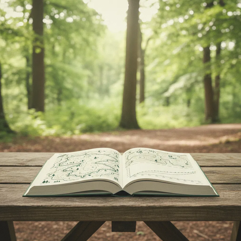 Opengeslagen wandelgids met routekaart op een houten picknicktafel in een bos