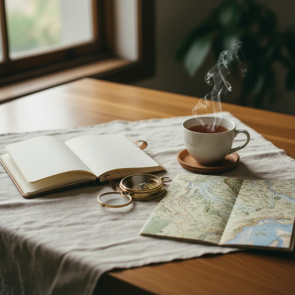 Notitieboek en kaart op een houten tafel naast een kompas voor wandelplanning